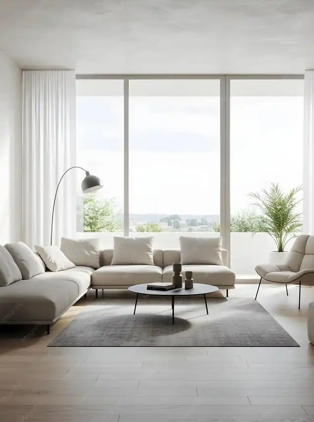 Bright modern living room with a neutral sofa, layered rugs, and floor-to-ceiling windows overlooking greenery. Hero image for NestlyDwell home design inspiration